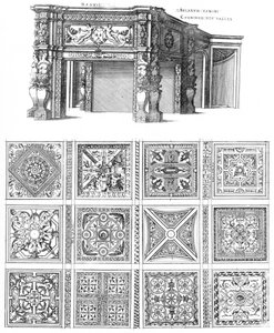 Engraving from Le Premier Volume des Plus Excellents Bastiments de France by Jacques I Androuet du Cerceau, Fireplace and Floor Designs for the Château de Madrid by Jacques I Androuet du Cerceau